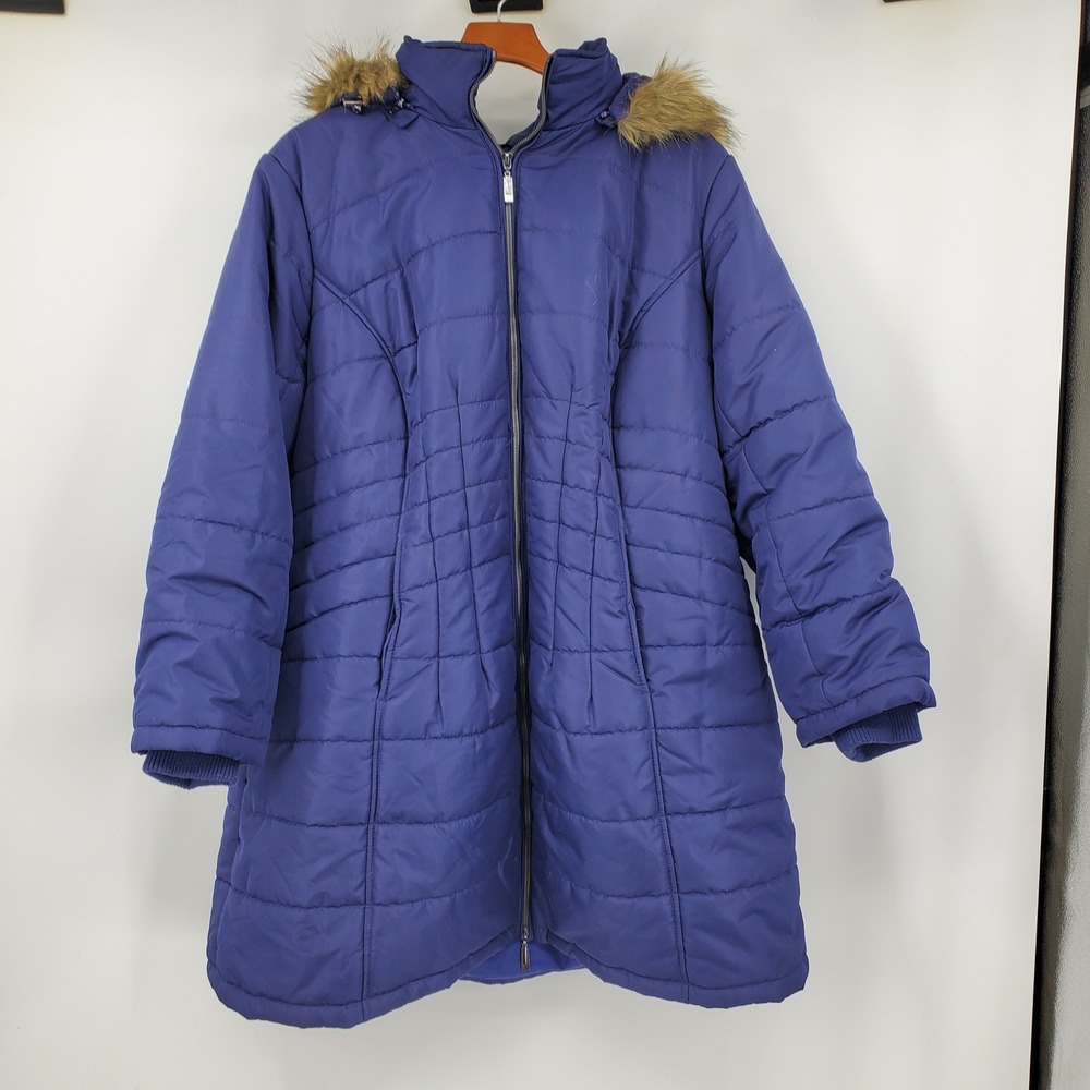 Susan Graver Blue Quilted Puffer Coat Faux Fur Hood Plus Size 2X Winter Cozy